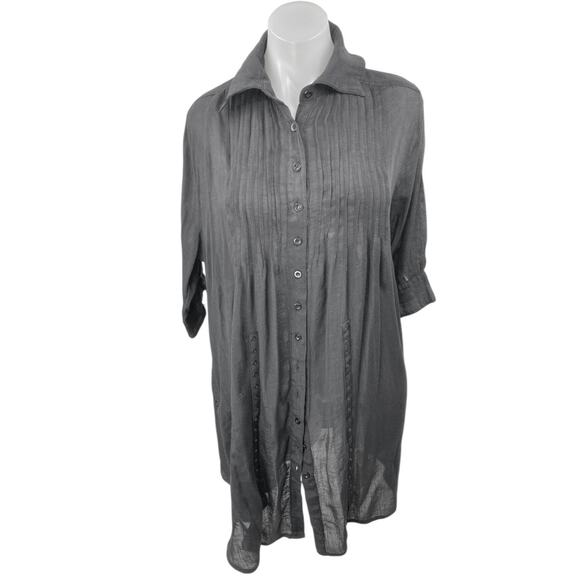 Weekender Black Long Sleeve Pintucked Pleated Button Down Mini Shirt Dress Sz XL - Picture 1 of 3